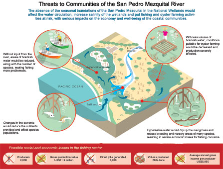 Diagram about the threats to local communities of building the El Centenario irrigation project on the San Pedro Mezquital River 